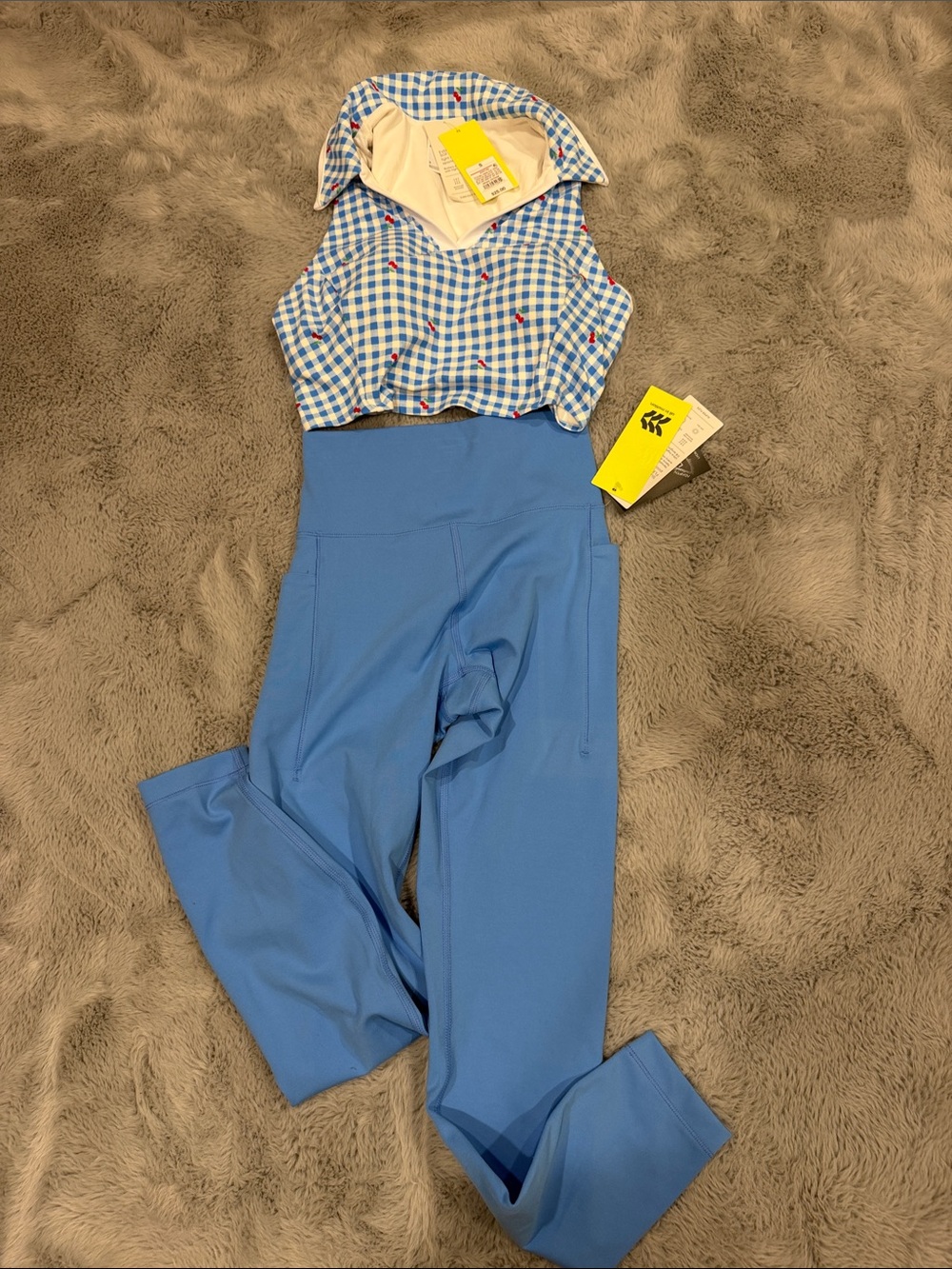 Women’s active set blue Gingham with cherry top and blue tights